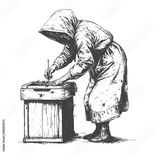 Hooded Figure Drawing, Antique Wood Box, Hand-Drawn Illustration