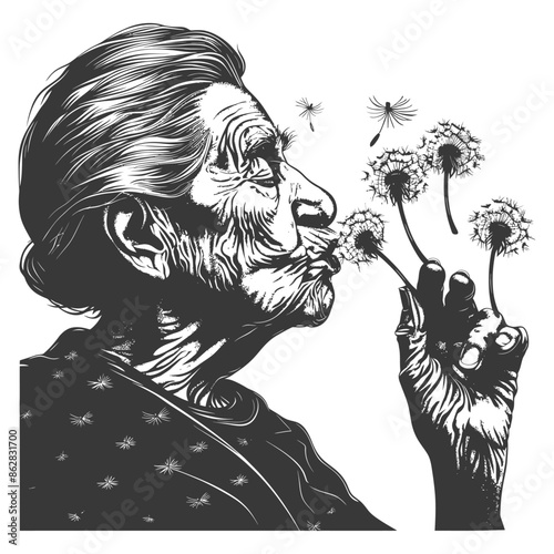 Engraved Elder Woman Blowing Dandelions: Aging, Wishes, and Fleeting Beauty.