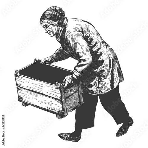 Old Woman Lifting Heavy Wooden Crate, Engraving Style.