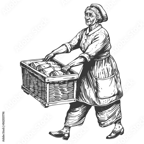 Vintage Engraving: Elderly Woman Carrying Heavy Wicker Basket of Goods, Detailed Line Art.
