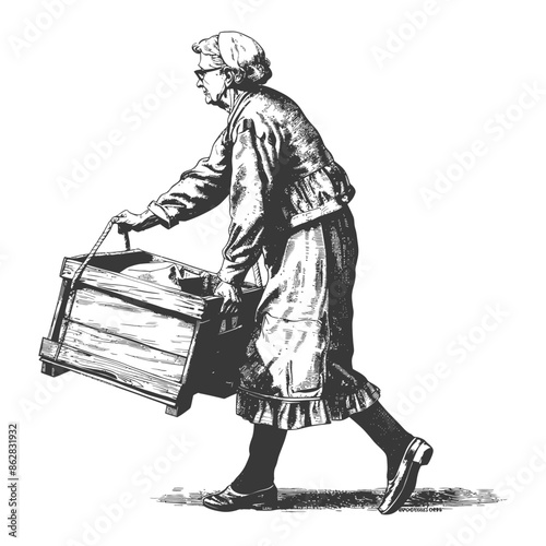 Elderly Woman Carrying Heavy Wooden Crate, Vintage Etching Style.
