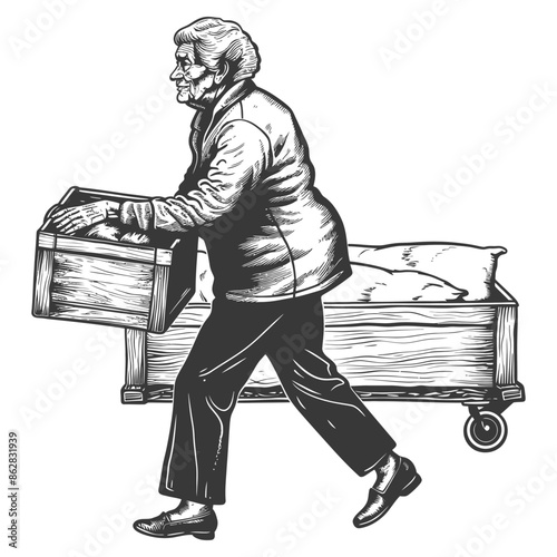 Elderly Man Moving Belongings in Cart, Woodcut Style Illustration.