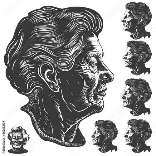Etched Portrait: Elderly Woman Profile with Variations, Woodcut Style.