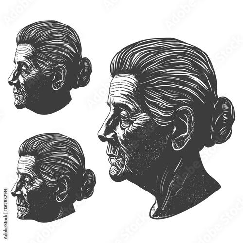 Elderly Woman Head Profile, Woodcut Style Portrait, Set of Three Variations, Engraved Texture.