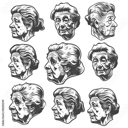 Etched Portrait: Vintage Sketches of Elderly Woman's Face in Various Angles.