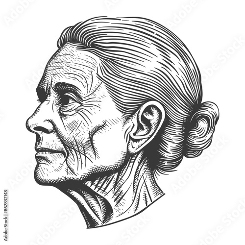 Engraved Profile: Elder Woman's Face, Detailed Lines Reflecting Wisdom and Time.