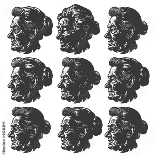 Vintage Engraving: Grid of Old Woman's Profile Portraits, Wrinkled Skin, Hair in Bun, Monochrome.