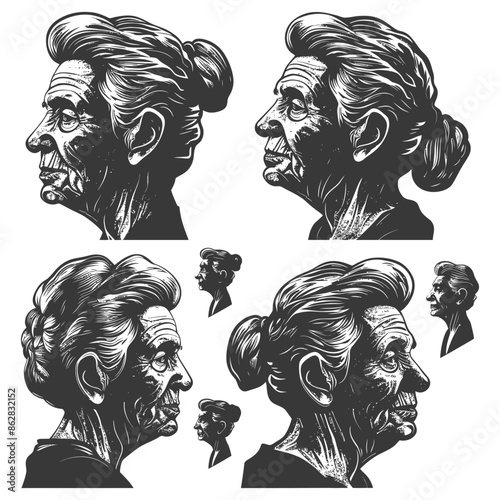 Vintage Engraved Grandmother Portrait Set, Aged Woman Profiles, Detailed Illustration.
