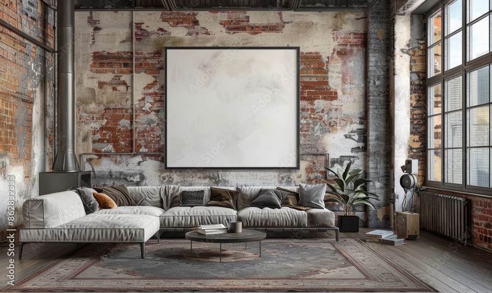 Industrial living room with a blank canvas on the mantel Industrial living room with a blank canvas on the mantel