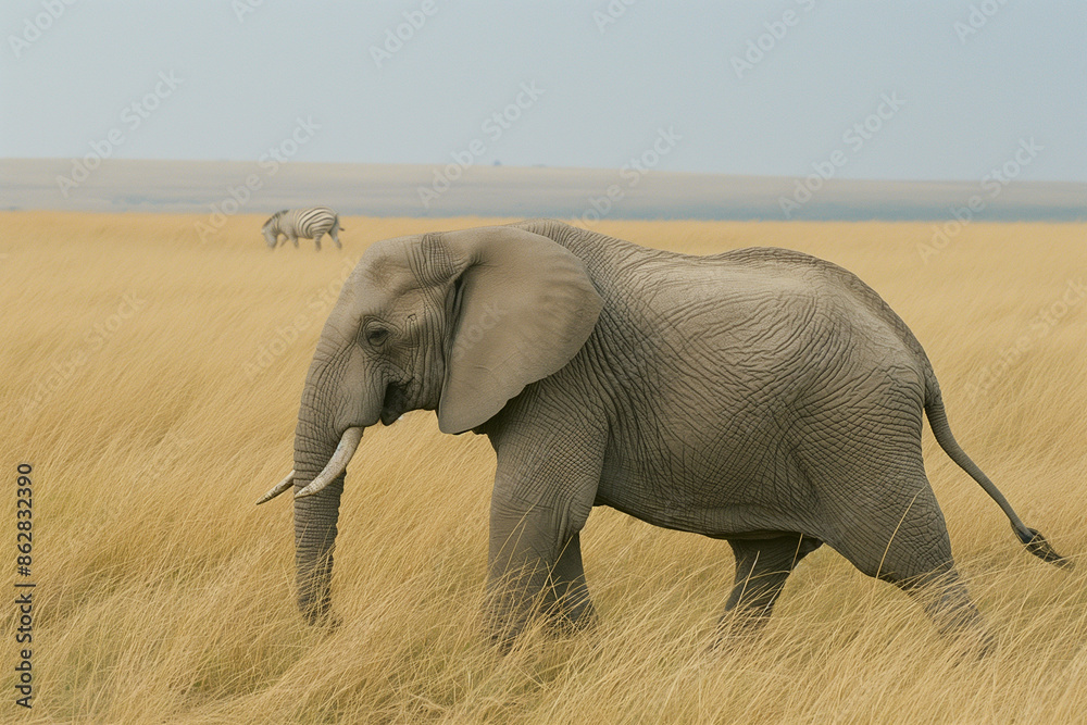 Obraz premium African elephant walking across a grassy savannah