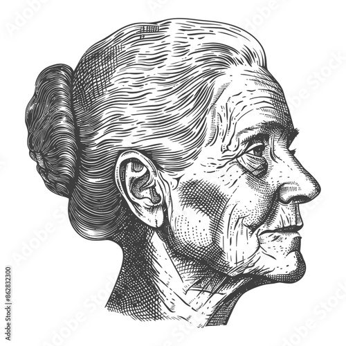 Etched Portrait: Elder Woman's Profile, Hair Bun, Detailed Lines, Vintage Illustration Style