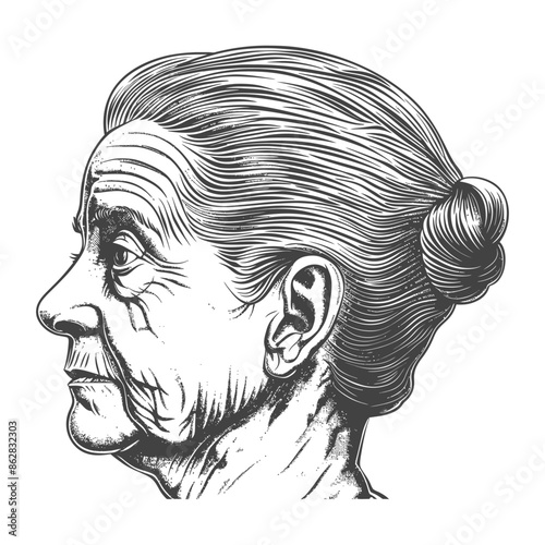 Etched Portrait: Elegant Elderly Woman with Bun, Intricate Line Art Detail, Profile View.