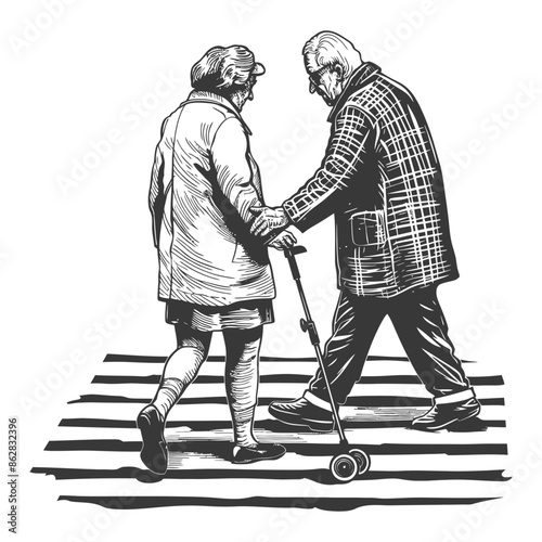 Elderly Couple Crossing: Hand-in-Hand, Checkerboard Pattern, Crosshatch Illustration.
