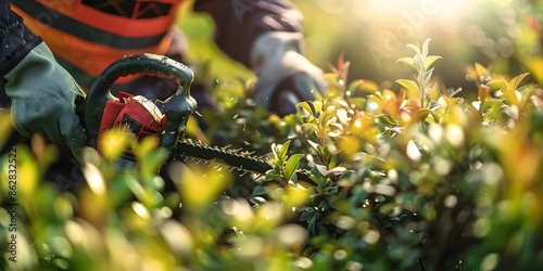 Pruning branches with a hedge trimmer in closeup view. Concept Gardening, Hedge Trimming, Outdoor Tools, Maintenance, Landscaping photo