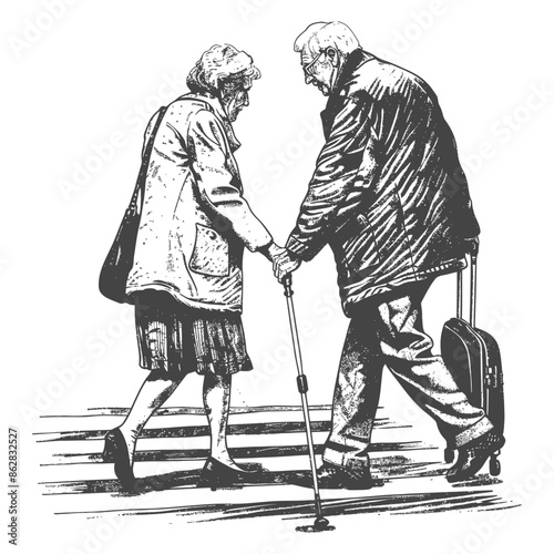 Ink Sketch: Elderly Couple Crossing Street, Holding Hands, Travel Suitcase, Walking Stick.