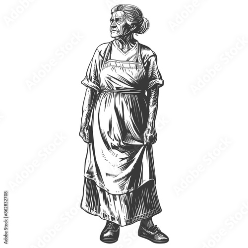 Etched Portrait: Elderly Woman in Apron, Looking Distant, Timeless Strength.