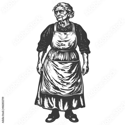 Etched Grandma: Vintage Style Woman in Apron, Detailed Illustration.