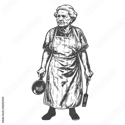 elderly woman in apron with kitchen utensil with engraving style