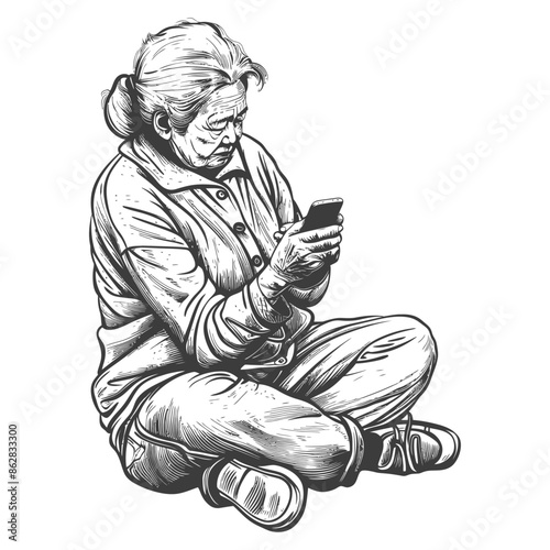 elderly woman playing smartphone while sitting with engraving style