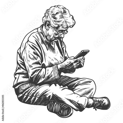 elderly woman playing smartphone while sitting with engraving style