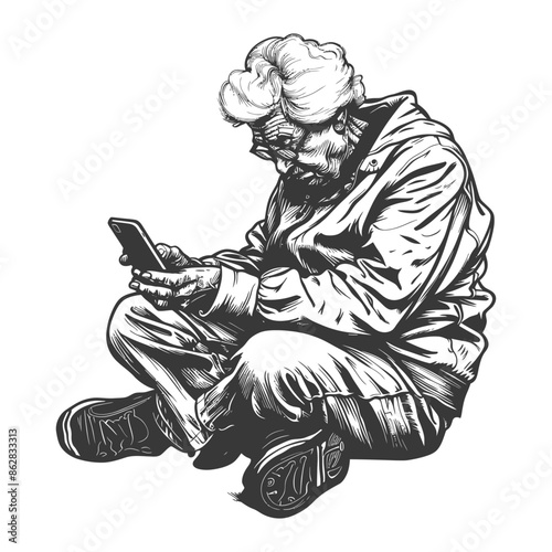 elderly woman playing smartphone while sitting with engraving style