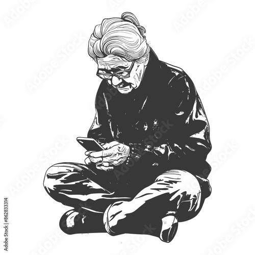 elderly woman playing smartphone while sitting with engraving style