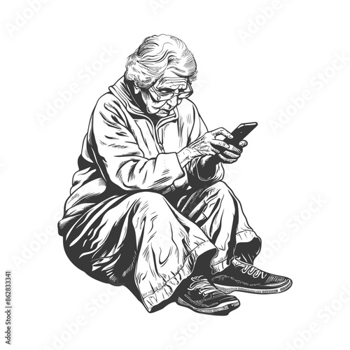 elderly woman playing smartphone while sitting with engraving style