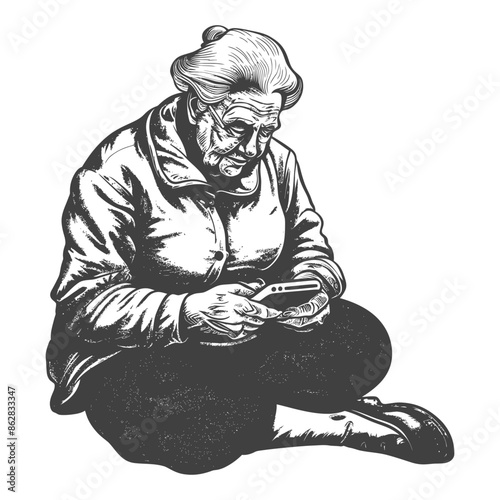elderly woman playing smartphone while sitting with engraving style
