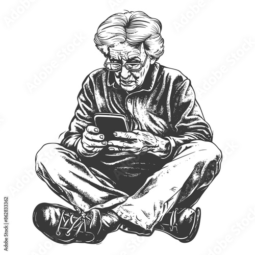 elderly woman playing smartphone while sitting with engraving style