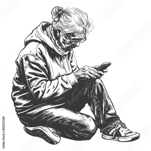 elderly woman playing smartphone while sitting with engraving style