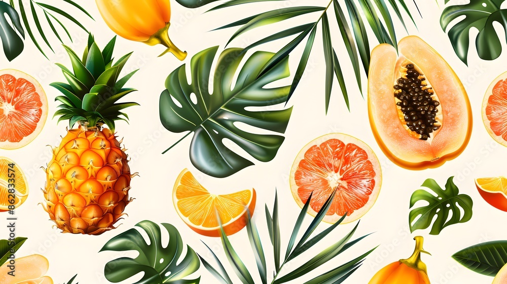 Tropical fruit and leaves seamless pattern