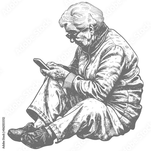 elderly woman playing smartphone while sitting with engraving style
