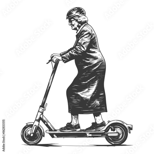 elderly woman riding electric scooter with engraving style
