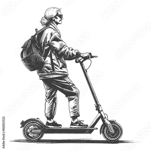 elderly woman riding electric scooter with engraving style
