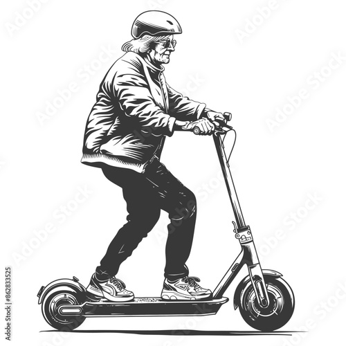 elderly woman riding electric scooter with engraving style