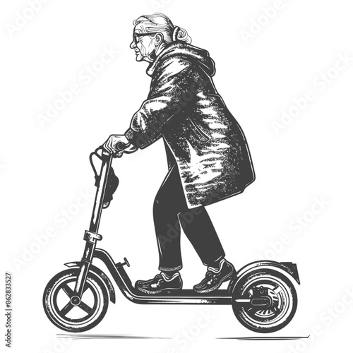 elderly woman riding electric scooter with engraving style