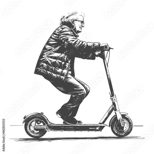 elderly woman riding electric scooter with engraving style