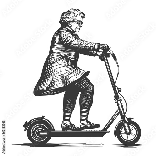 elderly woman riding electric scooter with engraving style