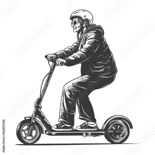 elderly woman riding electric scooter with engraving style