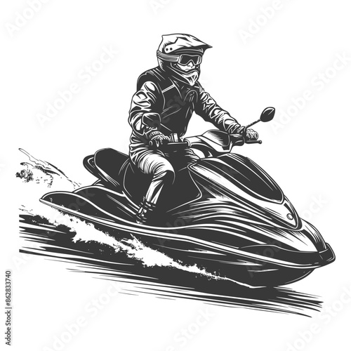 Vector Jet Ski Rider: Black and White Engraving Action.