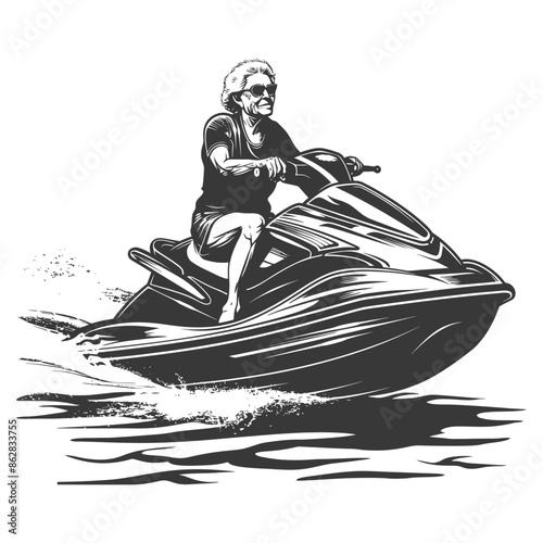 Granny Thrills: Elderly Woman Jet Skiing, Vintage Style Illustration
