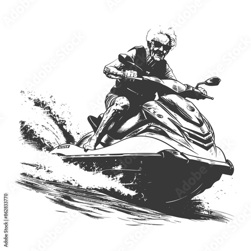Ink-drawn Santa Jet Skiing: Holiday Thrills & Water Adventure.