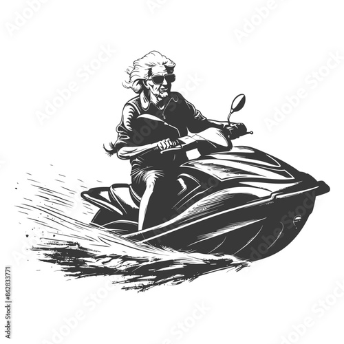 Graphic: Windswept woman riding jet ski, vintage ink drawing style.