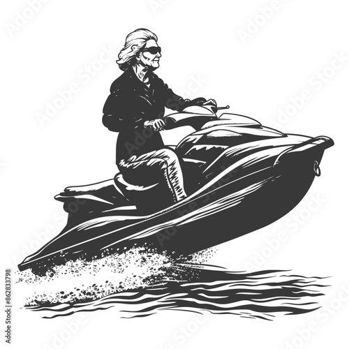 Ink Sketch: Grandma's Gone Wild, Jet Ski Adventure, Sunglasses, Extreme Granny Fun.