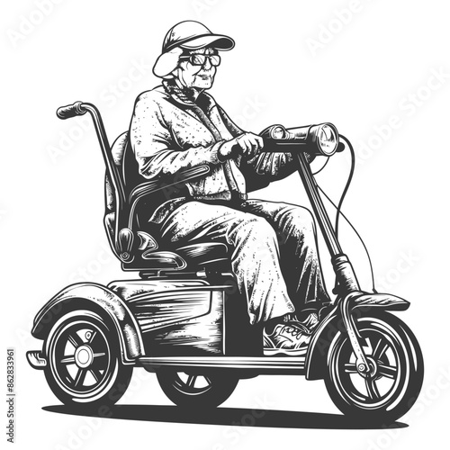 Elderly Woman with Hat on Electric Scooter, Vintage Monochrome Illustration