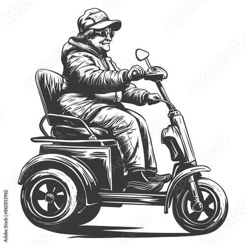 Granny on Electric Scooter: Bold Black and White Illustration.