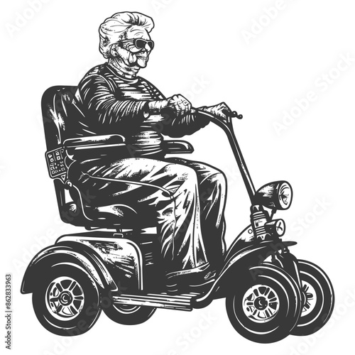 Vintage-Style Illustration: Elderly Woman on Mobility Scooter, Crosshatch Shading.