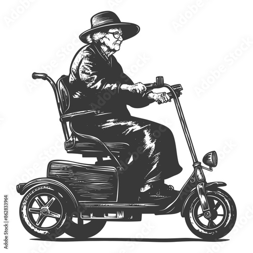 Elderly woman in hat riding mobility scooter, vintage engraving style.