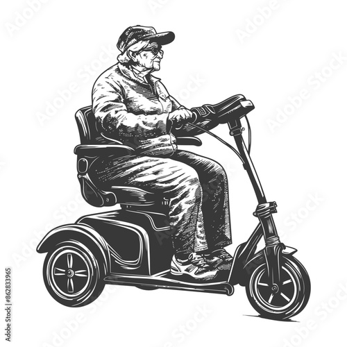 Engraved Senior Woman on Mobility Scooter: Vintage Aged Care Illustration.