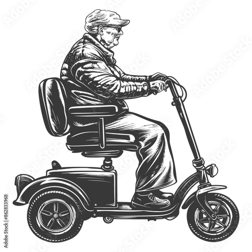 Elderly man on mobility scooter, vintage etching style.